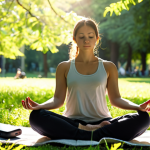 **Image Prompt:** A person meditating peacefully in a park, sunlight dappling through the leaves. In the background, their smartphone is subtly blurred and out of focus. The overall mood is serene and calm, emphasizing mindfulness and disconnecting from technology.