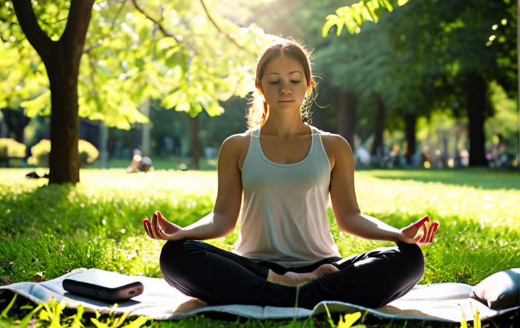 **Image Prompt:** A person meditating peacefully in a park, sunlight dappling through the leaves. In the background, their smartphone is subtly blurred and out of focus. The overall mood is serene and calm, emphasizing mindfulness and disconnecting from technology.