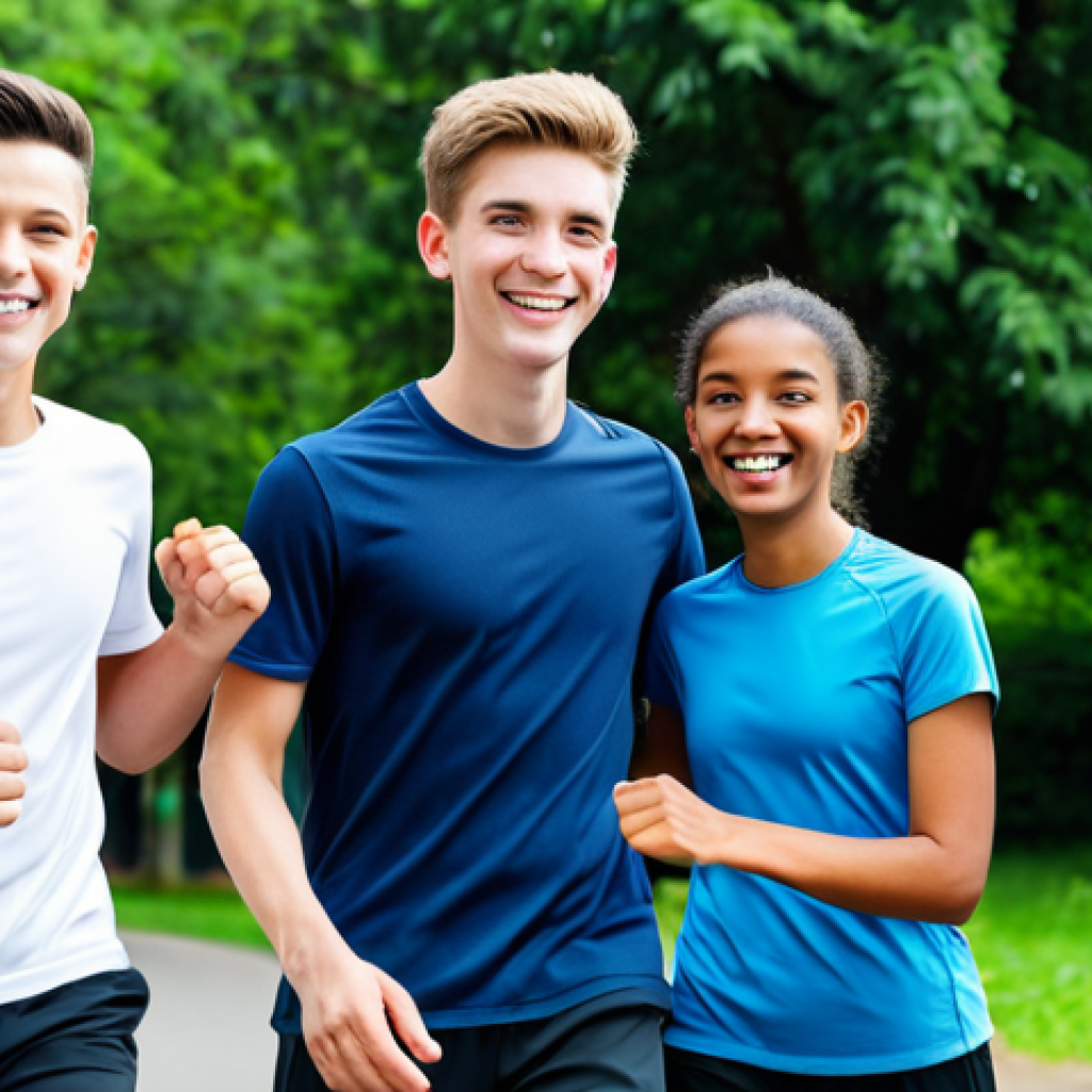 **
"A diverse group of teenagers participating in a fun run, fully clothed in athletic wear, smiling and supporting each other. The background shows a park with lush greenery and clear skies. Focus on positive energy and teamwork. safe for work, appropriate content, professional, family-friendly, perfect anatomy, natural proportions, well-formed hands, proper finger count."
**