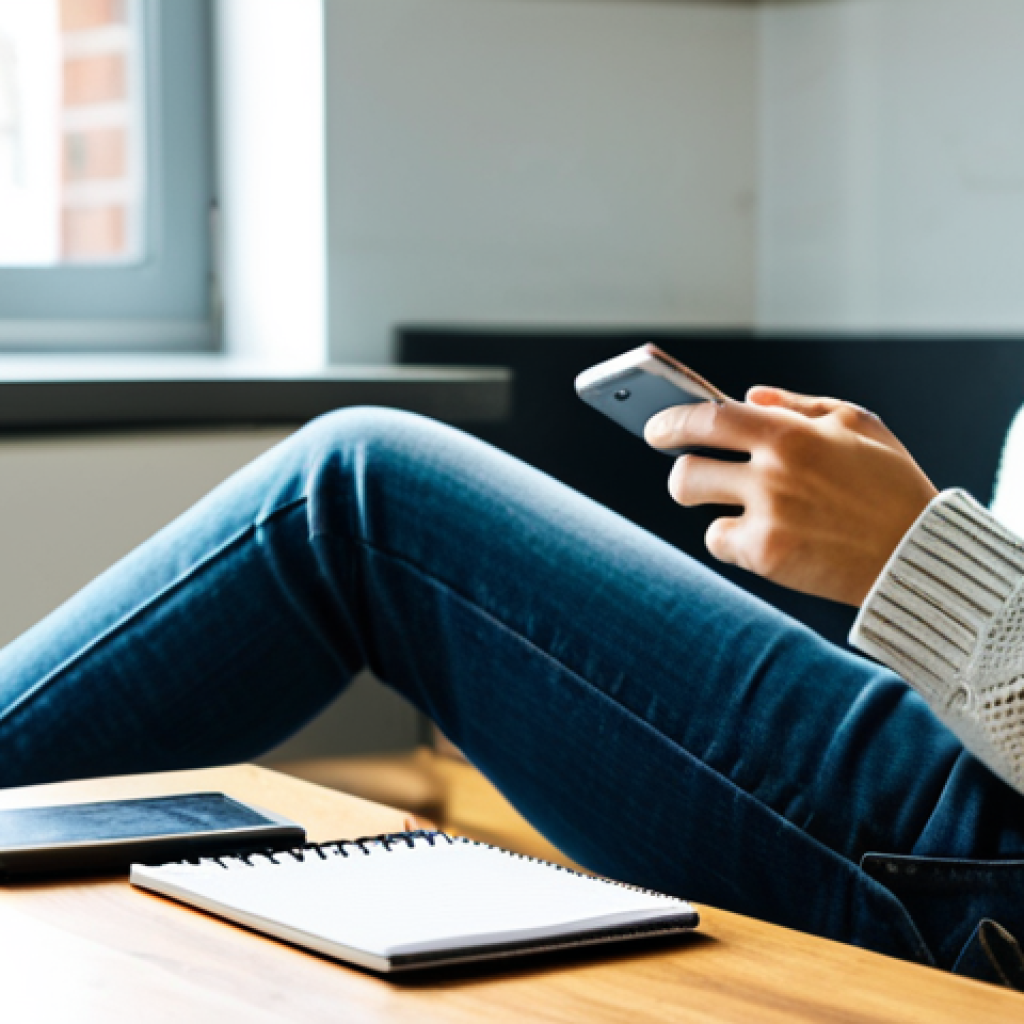 Tracking Caffeine Intake**
A person sitting at a kitchen table, fully clothed in a comfortable sweater and jeans, using a mobile phone to log their beverage intake into a caffeine tracking app. A notepad and pen are beside the phone. A half-full mug of herbal tea sits nearby. The kitchen is bright and clean, with natural light coming through a window. Safe for work, appropriate content, professional, perfect anatomy, natural pose, well-formed hands, proper finger count, modest clothing.
**