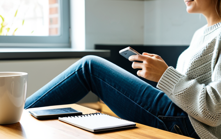 Tracking Caffeine Intake**
A person sitting at a kitchen table, fully clothed in a comfortable sweater and jeans, using a mobile phone to log their beverage intake into a caffeine tracking app. A notepad and pen are beside the phone. A half-full mug of herbal tea sits nearby. The kitchen is bright and clean, with natural light coming through a window. Safe for work, appropriate content, professional, perfect anatomy, natural pose, well-formed hands, proper finger count, modest clothing.
**