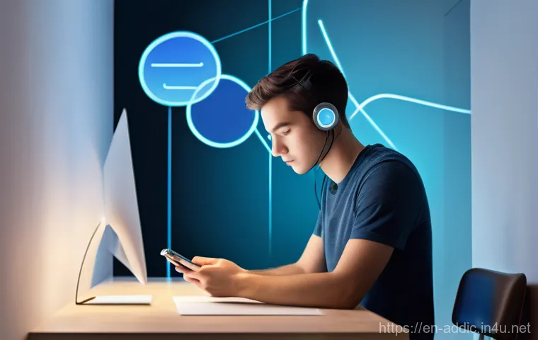 인터넷 중독 회복의 어려움 - A young adult, dressed in casual everyday attire, stands centered in a dynamically split visual. On ...