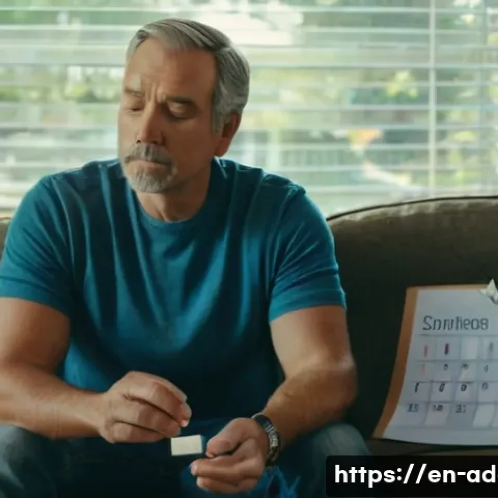 니코틴 금연 치료법 - A detailed, realistic illustration of a middle-aged man in casual clothing sitting on a cozy living ...