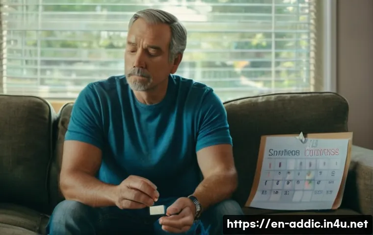 니코틴 금연 치료법 - A detailed, realistic illustration of a middle-aged man in casual clothing sitting on a cozy living ...