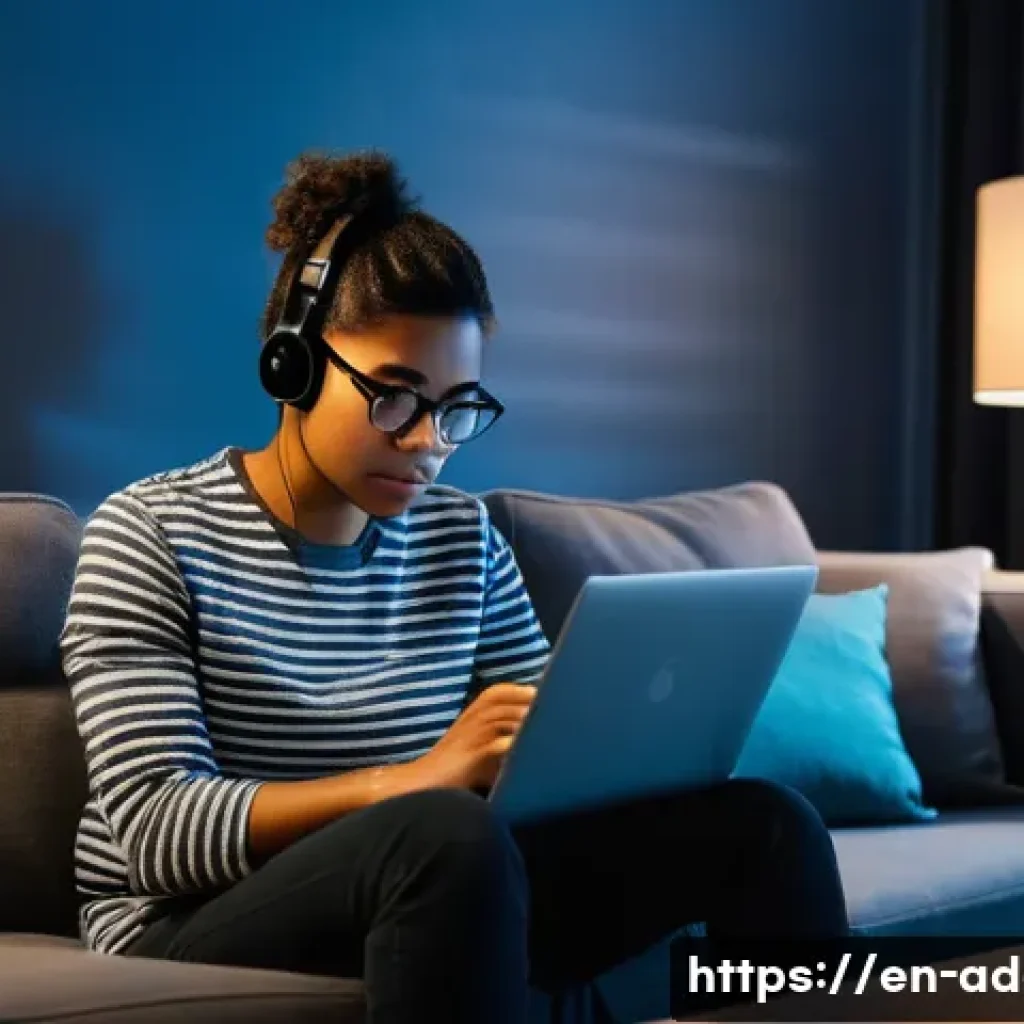 인터넷 중독과 정신적 회복 - A cozy modern living room scene in the evening, with a young adult sitting on a sofa looking tired a...