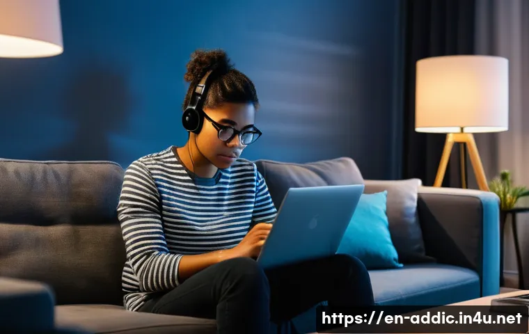 인터넷 중독과 정신적 회복 - A cozy modern living room scene in the evening, with a young adult sitting on a sofa looking tired a...