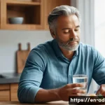 마약중독 후유증 - A compassionate scene showing a middle-aged man in casual clothes sitting at a kitchen table with a ...