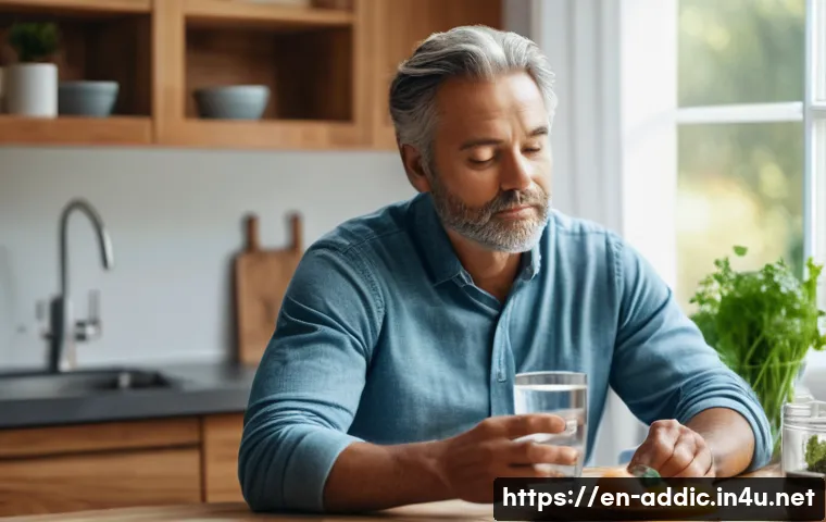 마약중독 후유증 - A compassionate scene showing a middle-aged man in casual clothes sitting at a kitchen table with a ...