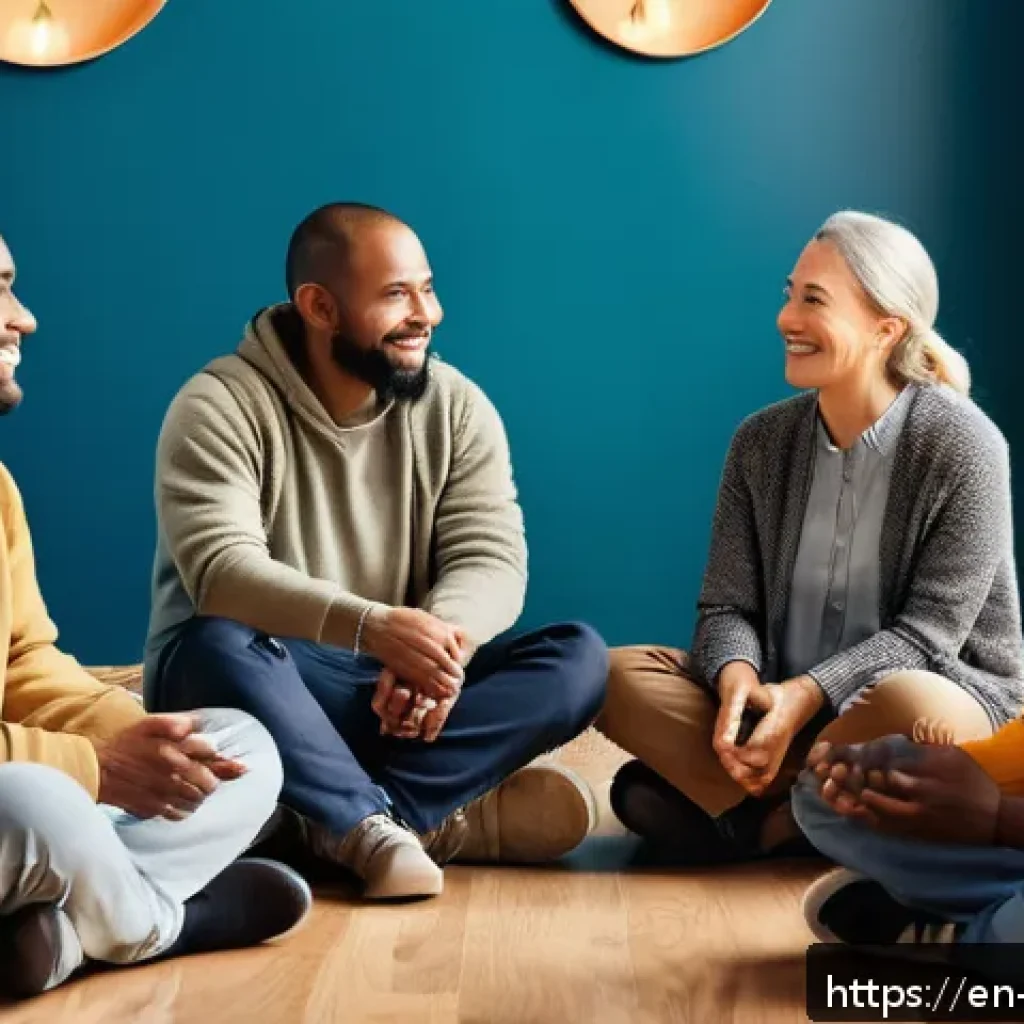 알콜 중독 회복기 - A diverse group of adults sitting in a cozy, warmly lit community center circle, engaged in a suppor...