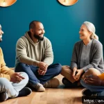 알콜 중독 회복기 - A diverse group of adults sitting in a cozy, warmly lit community center circle, engaged in a suppor...