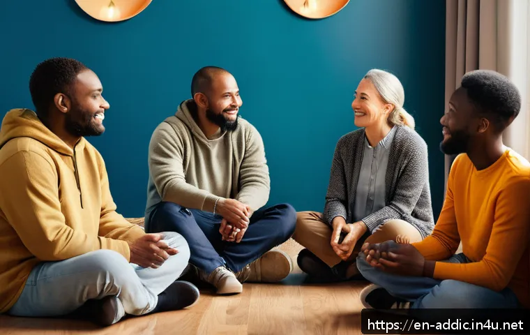 알콜 중독 회복기 - A diverse group of adults sitting in a cozy, warmly lit community center circle, engaged in a suppor...