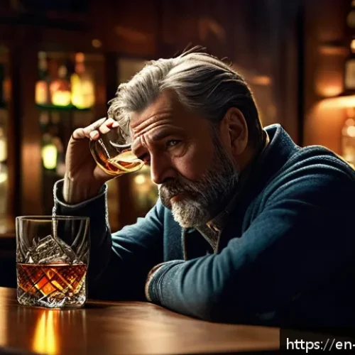 알콜 중독의 정신적 영향 - A detailed, realistic depiction of a middle-aged man sitting alone at a dimly lit bar, holding a gla...