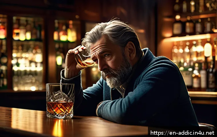 알콜 중독의 정신적 영향 - A detailed, realistic depiction of a middle-aged man sitting alone at a dimly lit bar, holding a gla...