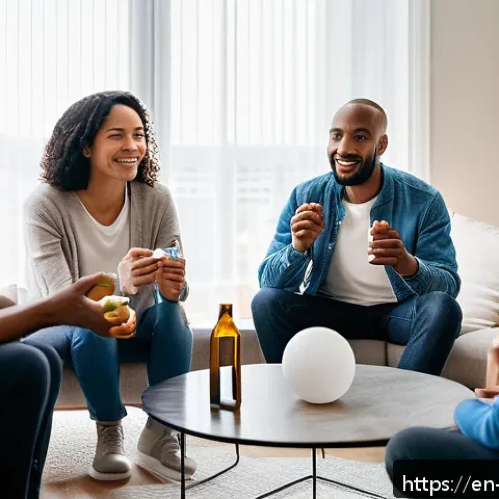 니코틴 의존증 치료 - A diverse group of adults in a bright, modern living room engaging in a supportive conversation circ...