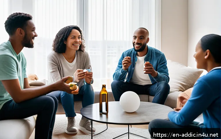 니코틴 의존증 치료 - A diverse group of adults in a bright, modern living room engaging in a supportive conversation circ...