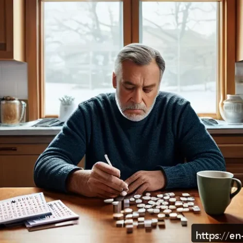 니코틴 중독 자가 진단법 - A detailed, realistic scene of a middle-aged man sitting at a cluttered kitchen table in a modest Am...