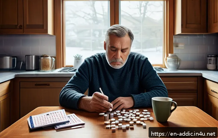 니코틴 중독 자가 진단법 - A detailed, realistic scene of a middle-aged man sitting at a cluttered kitchen table in a modest Am...