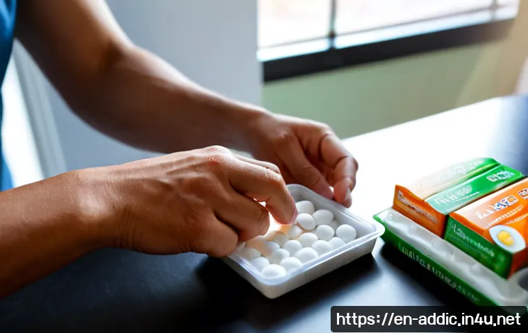 니코틴 대체 요법 - Photorealistic close-up of an adult’s hands selecting a nicotine replacement patch from a plain unbr...
